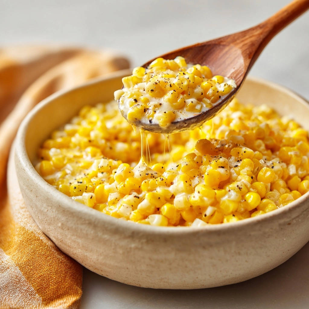 Cheesy homestyle creamed corn with a spoonful being lifted, showing strings of melted cheese.