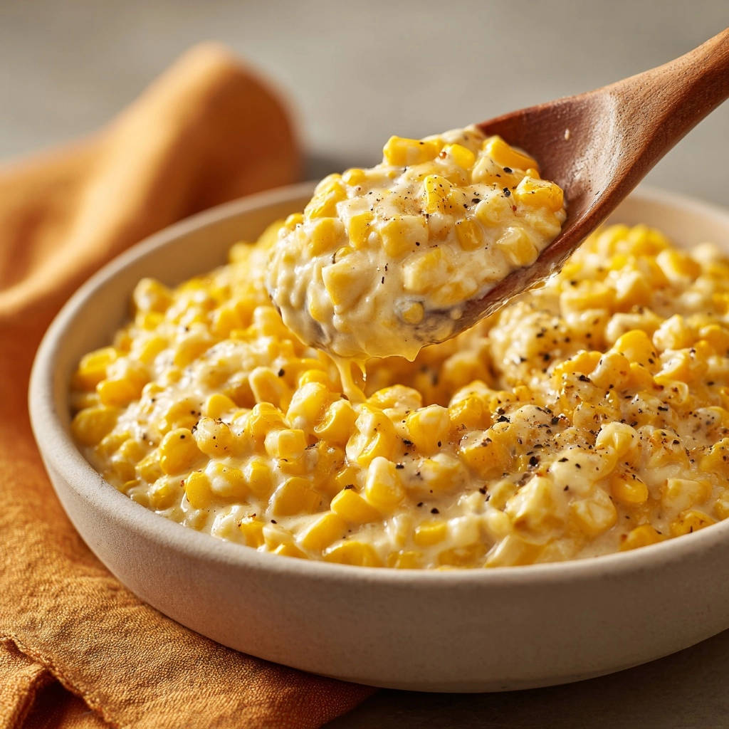 Cheesy homestyle creamed corn with a wooden spoon lifting a generous serving, showing creamy texture.