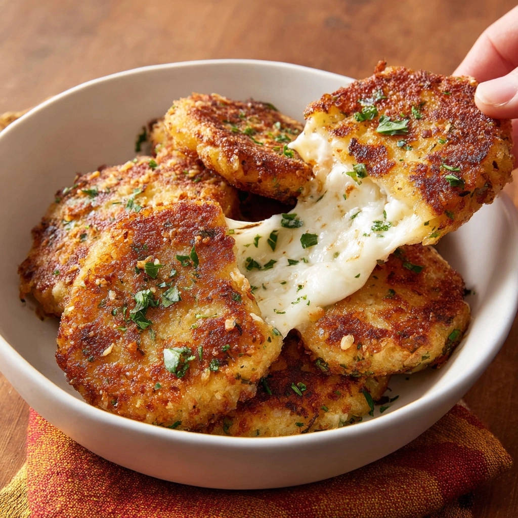 Crispy cheesy potato patties showing a gooey, melted cheese interior being pulled apart.