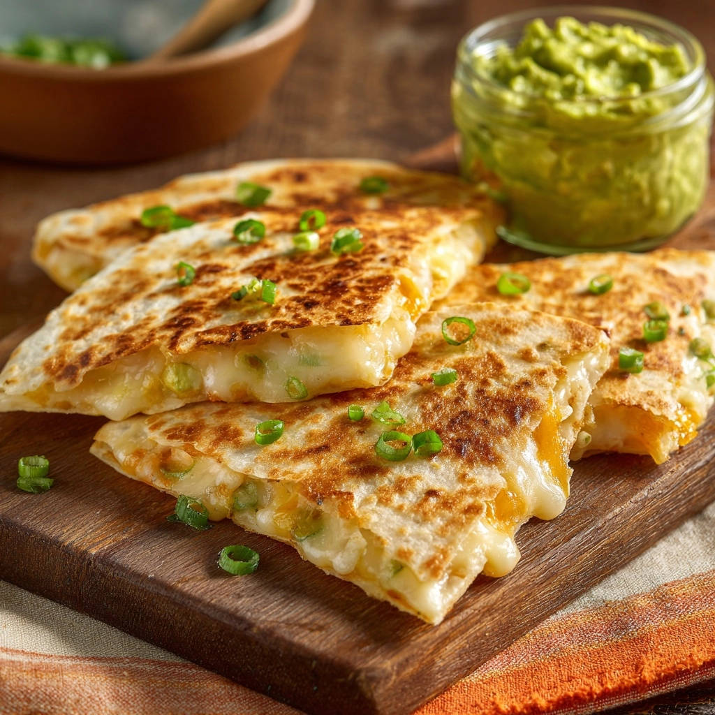 Cheesy quesadillas showing a gooey interior cross-section, garnished with chopped green onions.