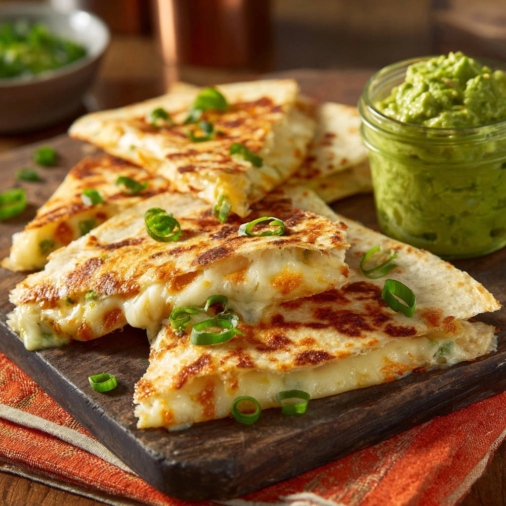 Cheesy quesadillas showing a gooey interior slice with melted cheese and green onions on a wooden board.