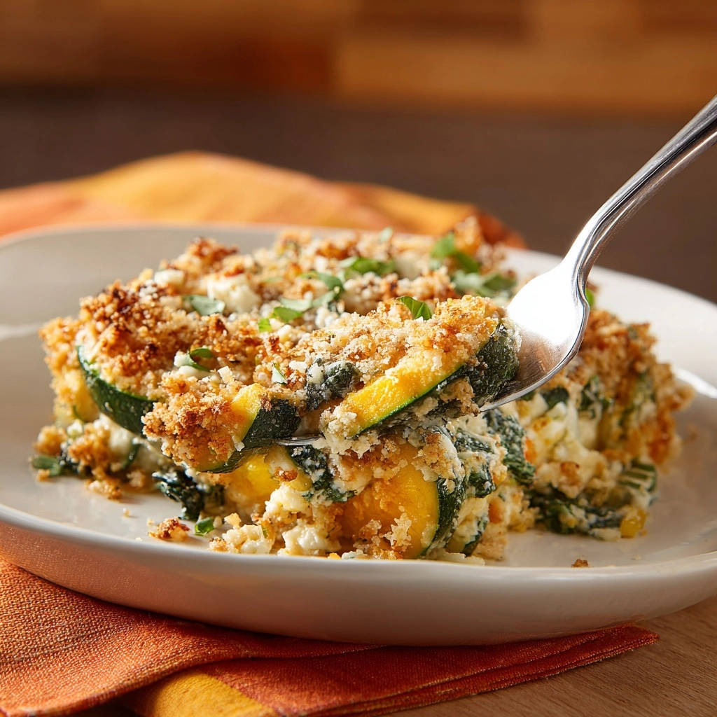 Cheesy zucchini bake, a fork lifts a generous slice of the layered casserole showing its baked topping and tender zucchini.