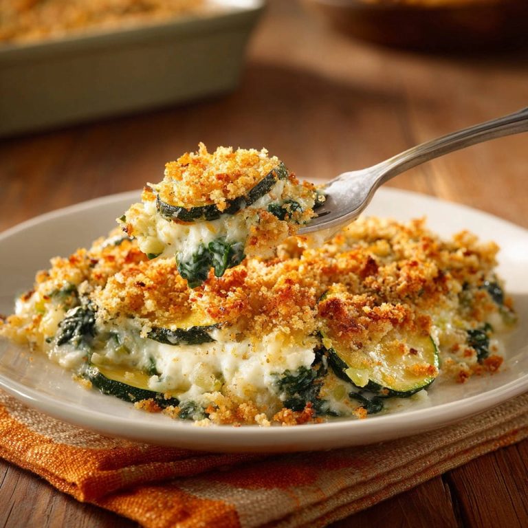 Cheesy zucchini bake shown in a forkful cross-section, revealing layers of zucchini and creamy filling.