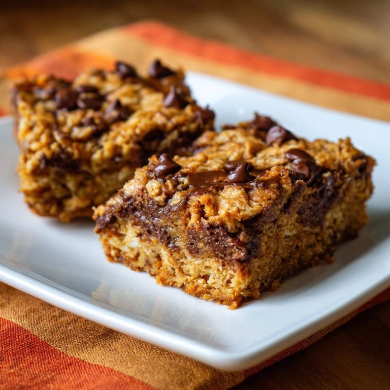 Chewy chocolate chip oatmeal bars shown in a close-up cross-section revealing layers of oats and melted chocolate chips.
