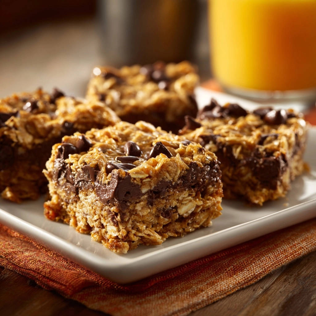 Chewy chocolate chip oatmeal bars close-up showing the layered texture and melted chocolate chips in a cut bar.