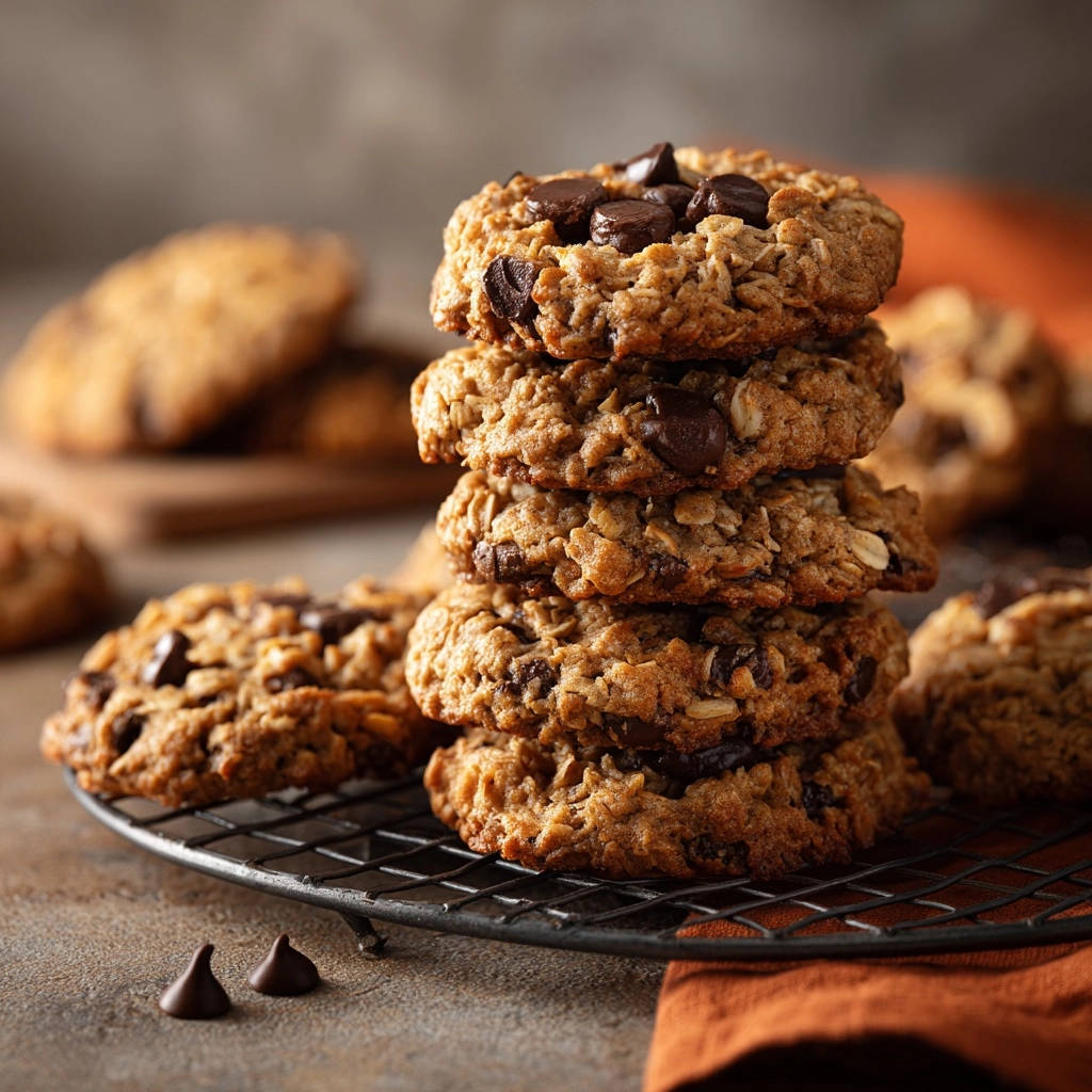 Chewy oatmeal chocolate chip cookies stacked on a cooling rack with chocolate chips scattered nearby.