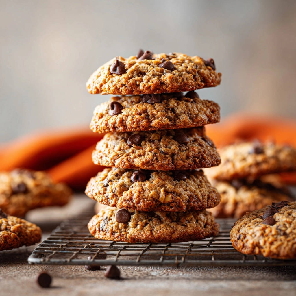 Chewy oatmeal chocolate chip cookies stacked on a cooling rack, showcasing their texture and chocolate chips.