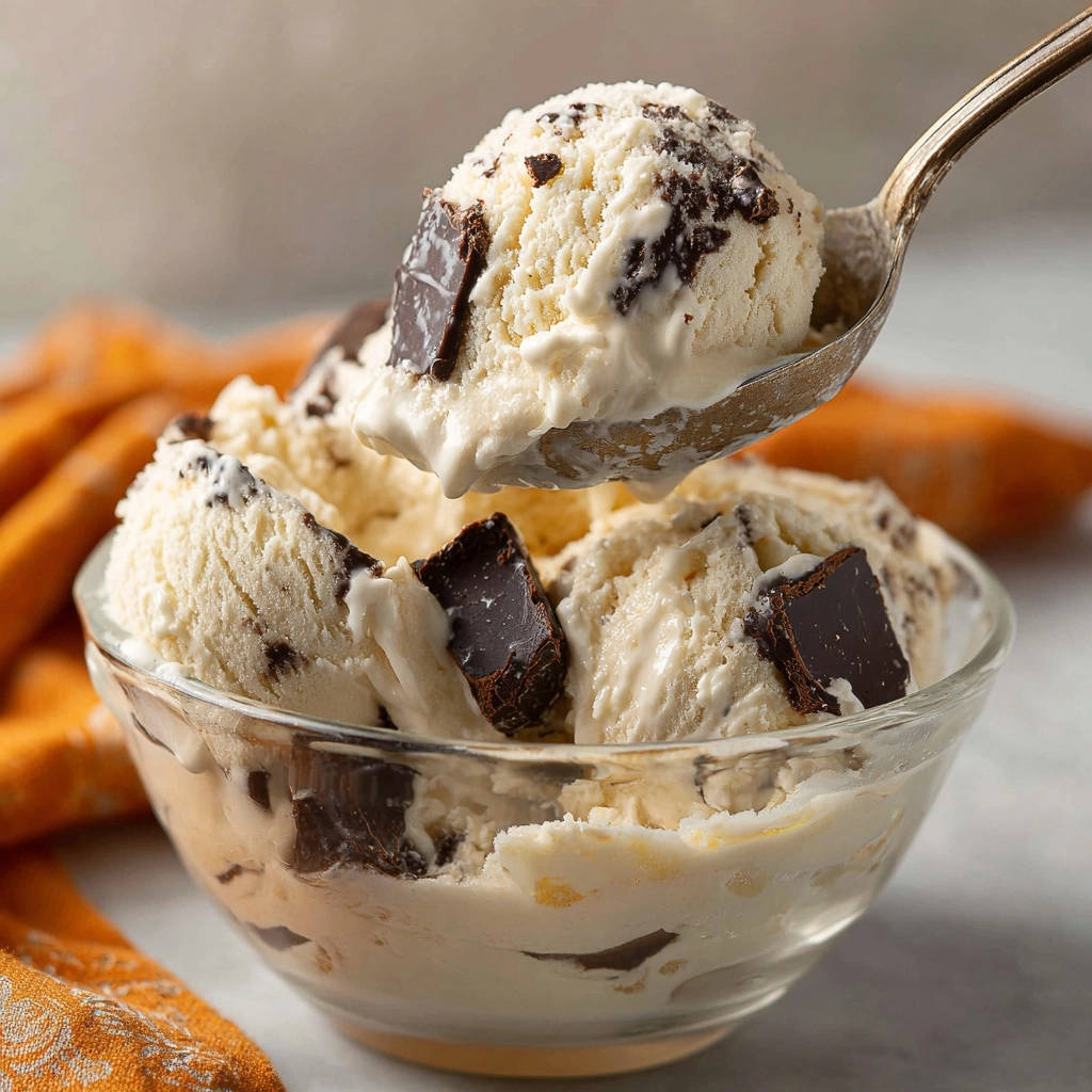 Homemade chocolate chunk ice cream shown in a glass bowl with a spoonful being lifted, highlighting the chocolate chunks.