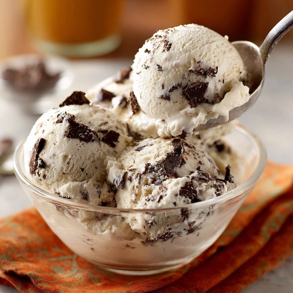 Homemade Chocolate Chunk Ice Cream shown with a scoop being lifted from a glass bowl, revealing its creamy texture.
