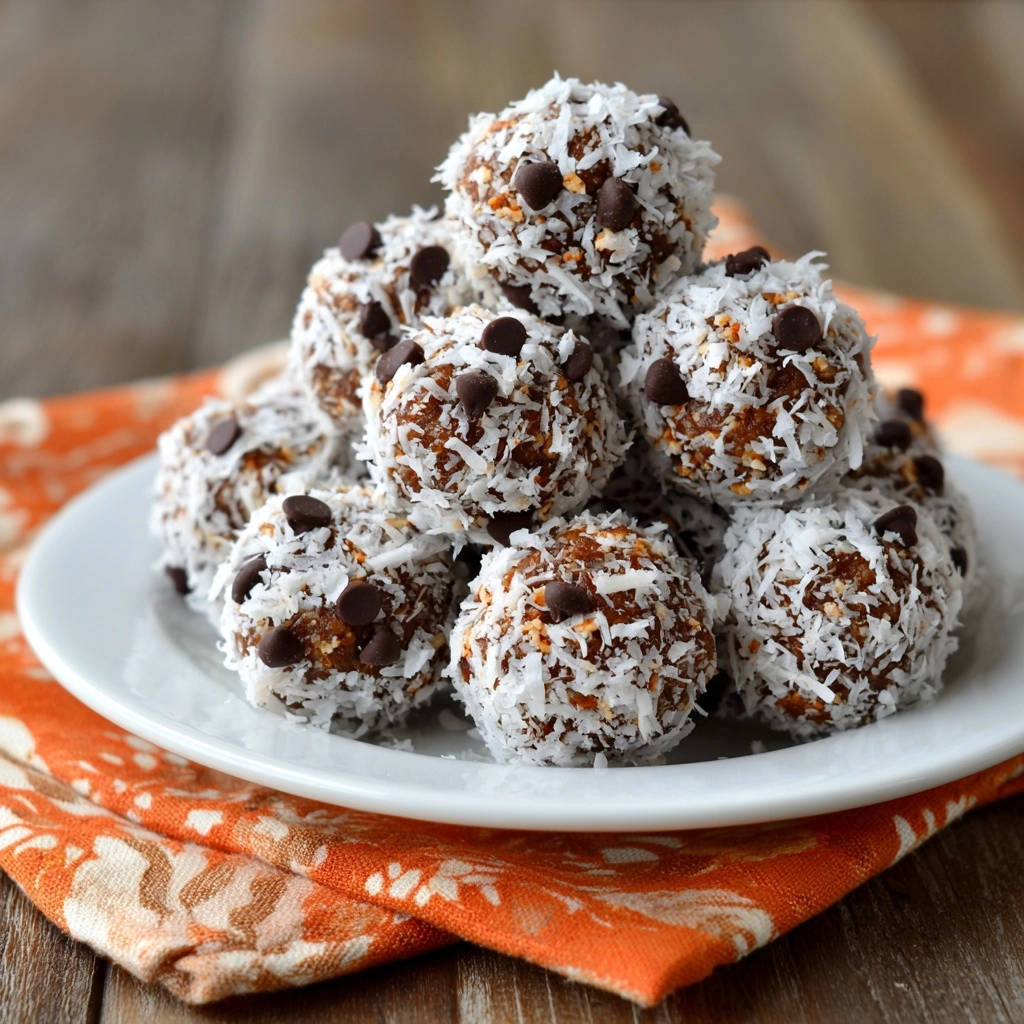 Chocolate coconut energy bites piled high on a white plate, showcasing their shredded coconut and mini chocolate chip coating.