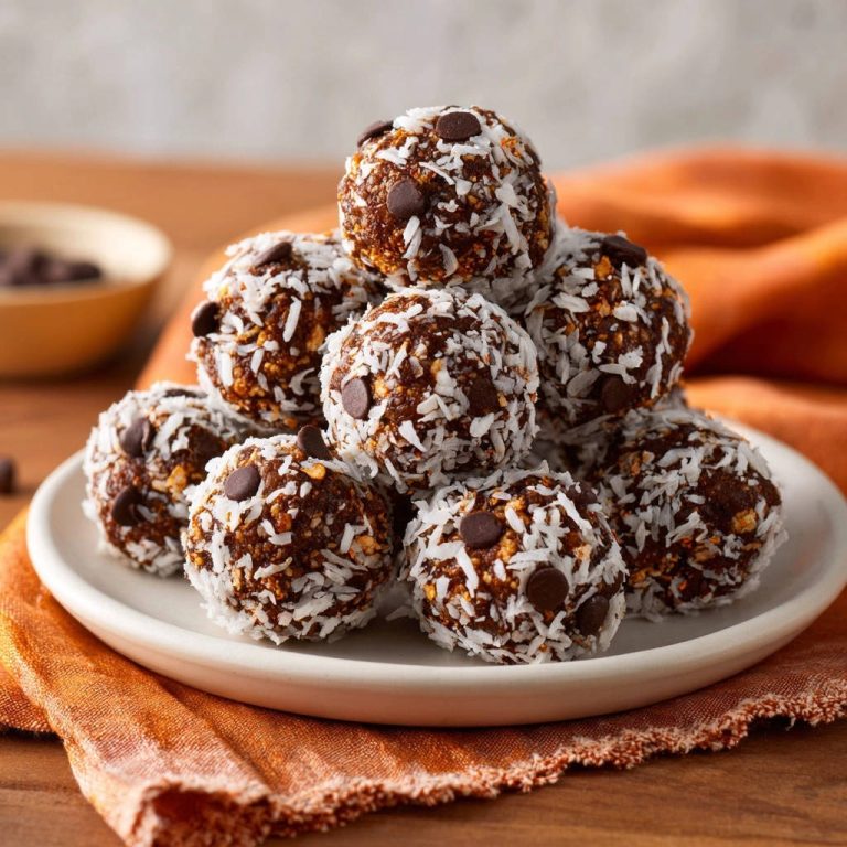 Chocolate coconut energy bites stacked high on a white plate, showcasing their firm texture and shredded coconut coating.