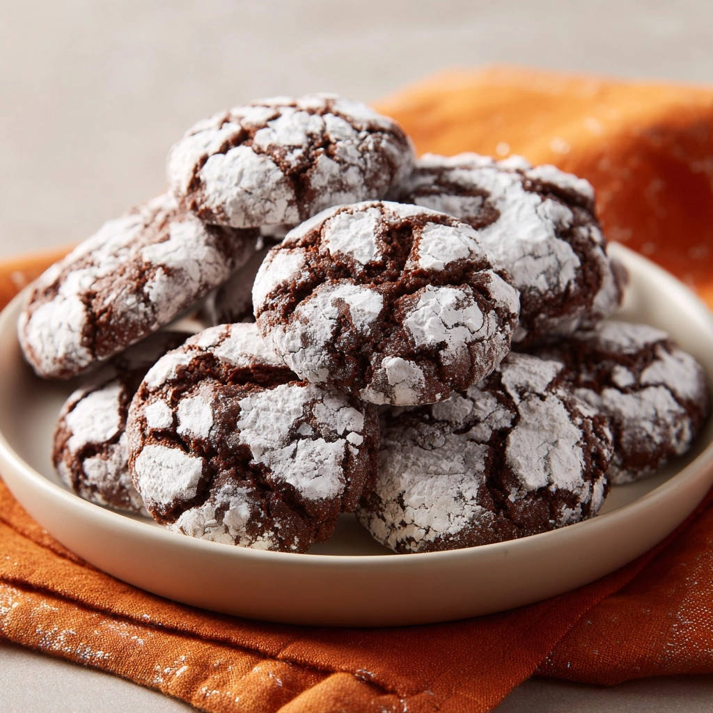 Classic chocolate crinkle cookies are piled high on a white plate, dusted generously with powdered sugar.