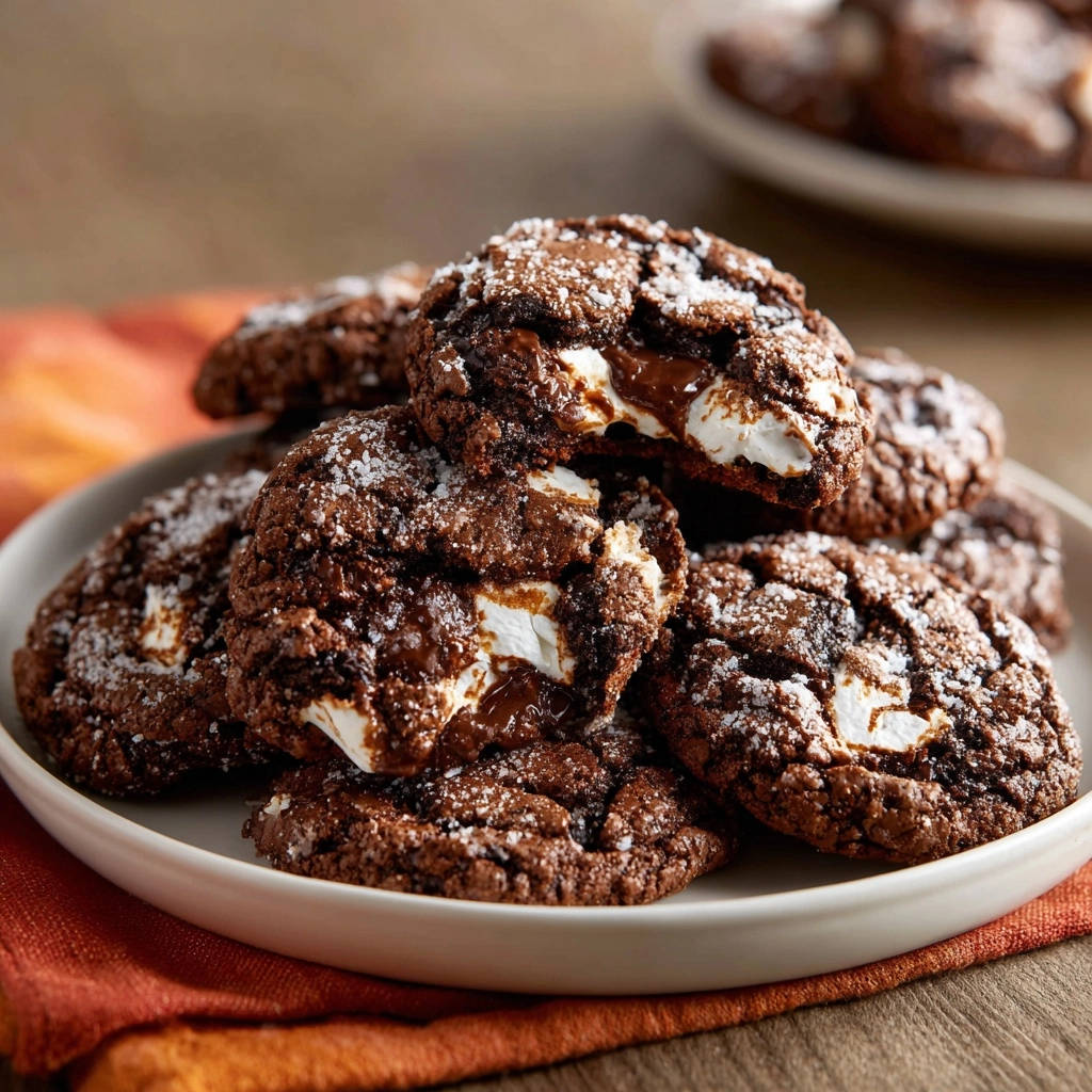 Gooey chocolate marshmallow cookies showing melty marshmallow pockets and rich chocolate interior.