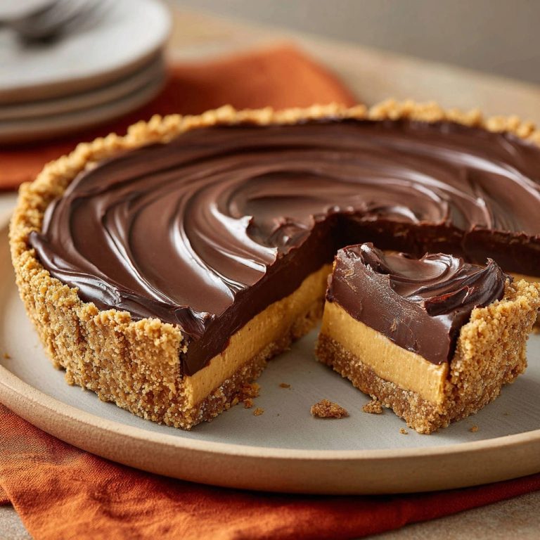 Chocolate Peanut Butter No-Bake Pie shown in a cross-section, highlighting its distinct layers and crumb crust.
