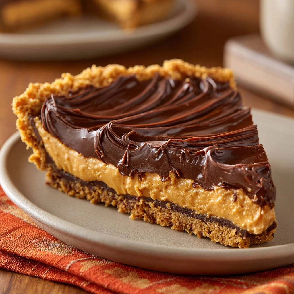 Chocolate peanut butter no-bake pie slice showing a cross-section of its rich layers on a plate.