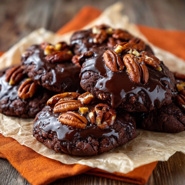 Decadent chocolate pecan cookies with a rich chocolate drizzle and whole pecans, showcasing a close-up detail.