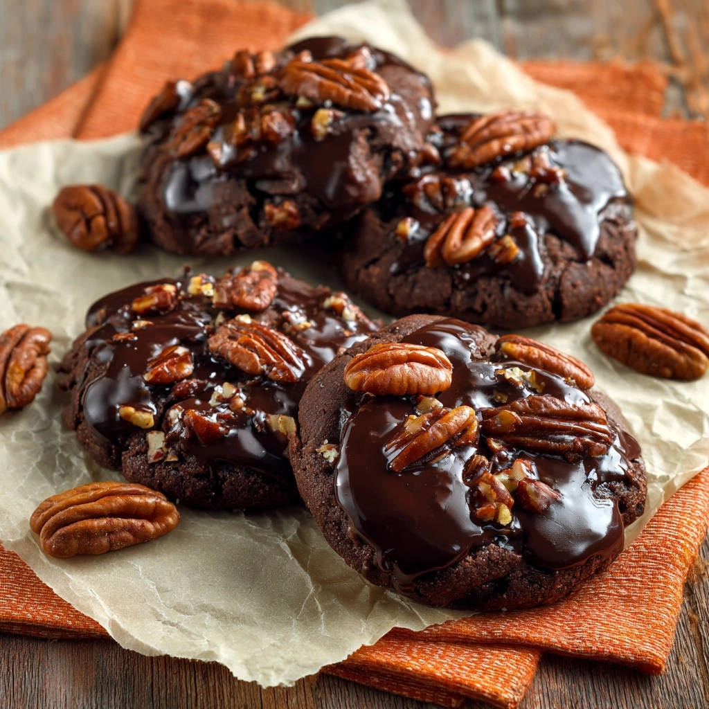 Decadent chocolate pecan cookies displayed in an overhead view, showcasing their fudgy texture and pecan topping.