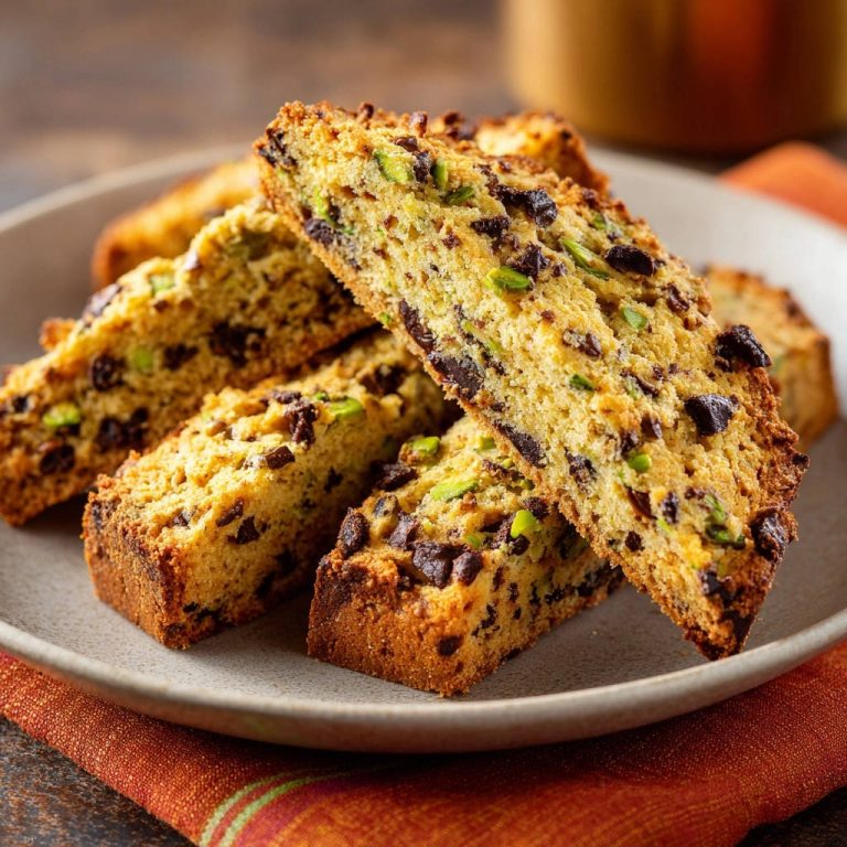 Chocolate pistachio biscotti showing a close-up cross-section with visible chocolate chips and green pistachios.