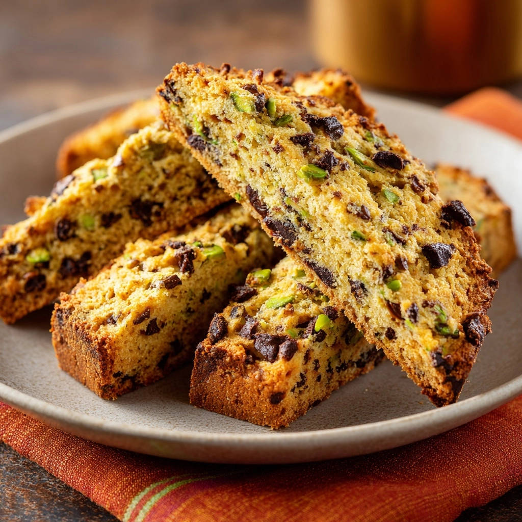 Chocolate pistachio biscotti showing a close-up cross-section with visible chocolate chips and green pistachios.