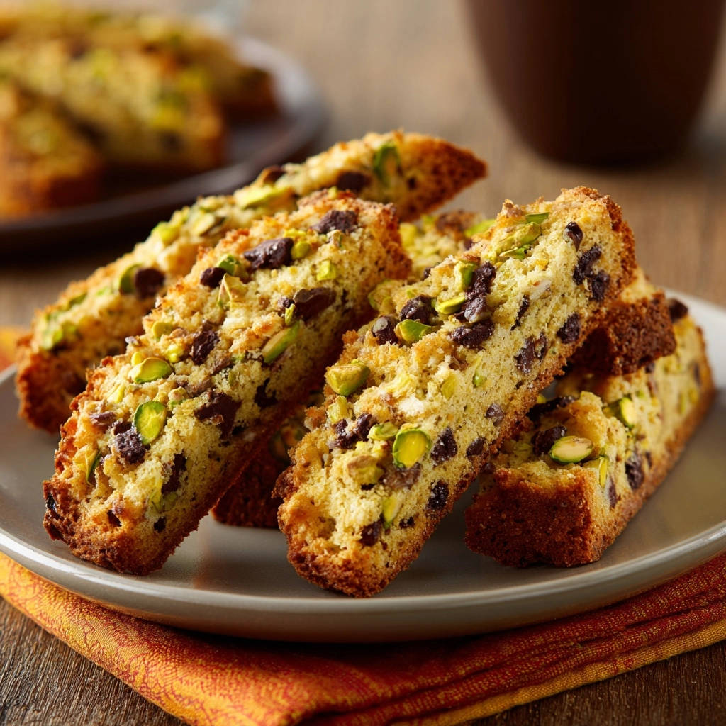 Chocolate pistachio biscotti stacked on a plate, showcasing their crisp texture and pistachio pieces.
