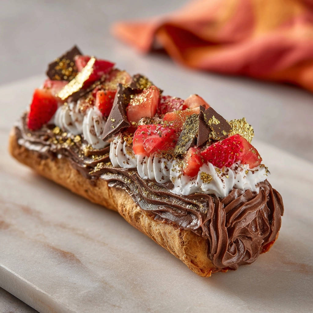 Elegant chocolate strawberry eclairs with a detailed garnish of fresh strawberries, chocolate shards, and gold leaf.