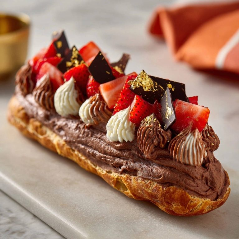 Elegant chocolate strawberry eclairs featuring piped whipped cream and gilded chocolate shards on top.