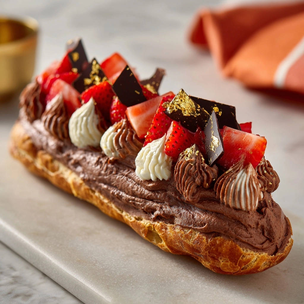 Elegant chocolate strawberry eclairs featuring piped whipped cream and gilded chocolate shards on top.
