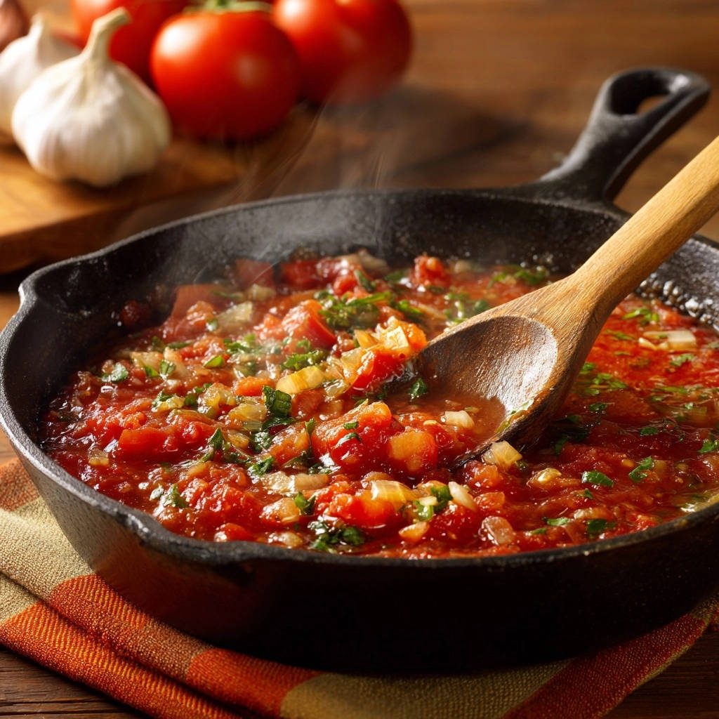 Chunky skillet tomato sauce steaming in a cast iron pan with a wooden spoon, showcasing its rich texture.