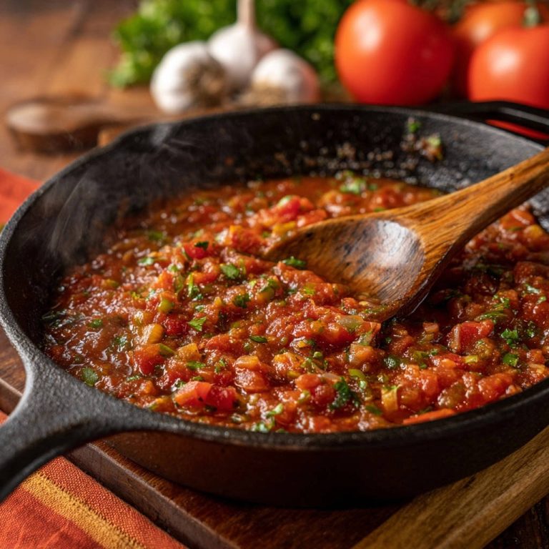 Chunky skillet tomato sauce with a wooden spoon stirring the rich, thick sauce in a cast iron pan.
