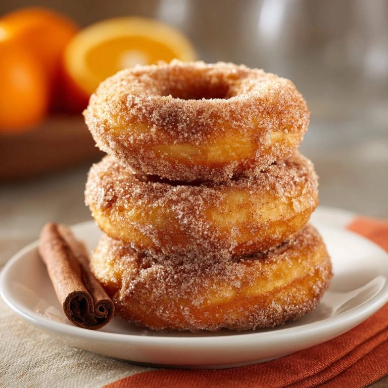 Fluffy cinnamon sugar donuts stacked on a white plate with a cinnamon stick and oranges in the background.