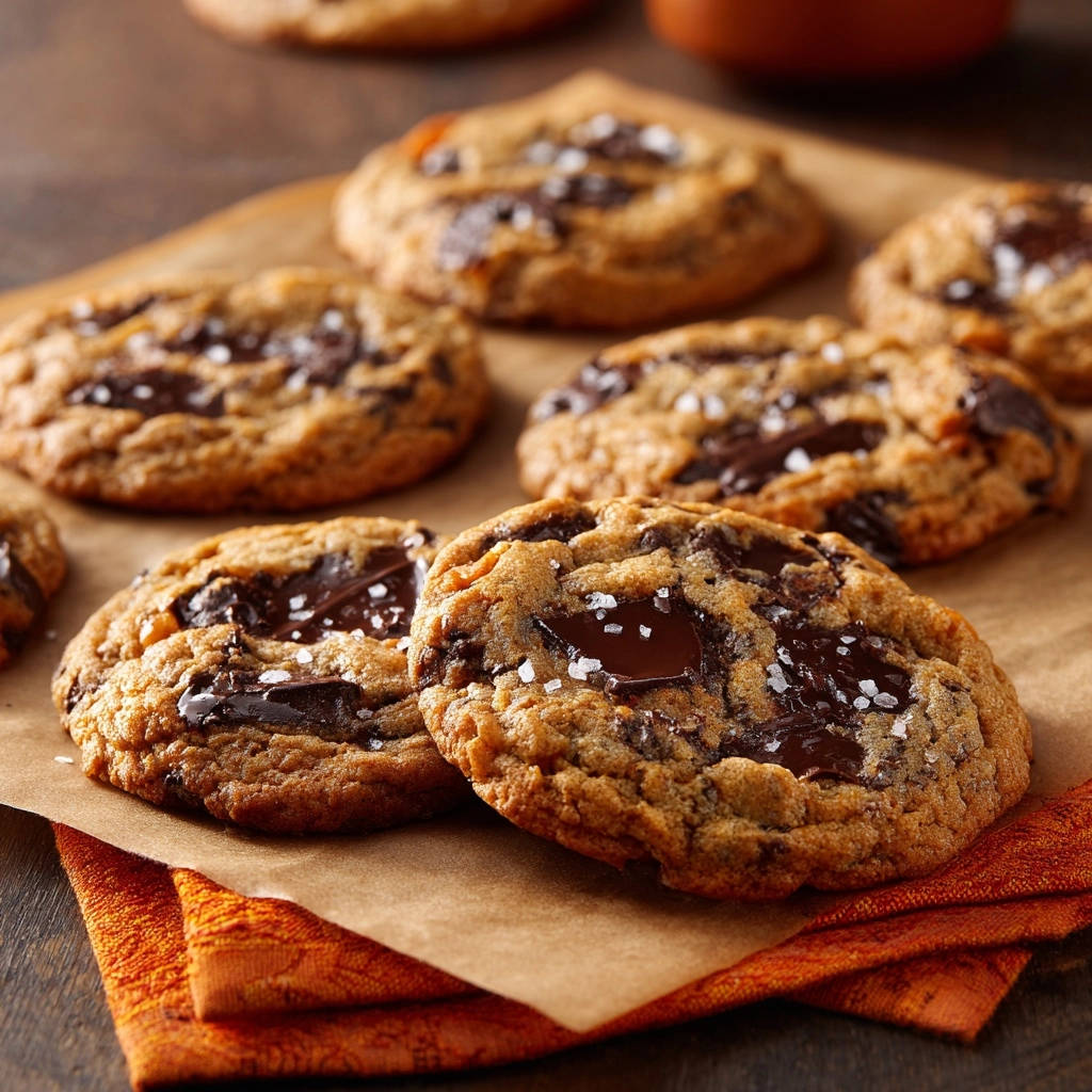 Classic chocolate chunk cookies with flaky sea salt and melted chocolate chunks visible up close.