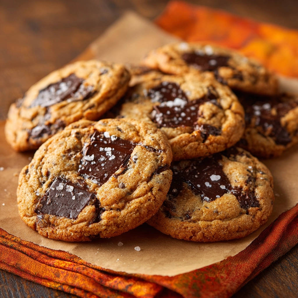 Classic chocolate chunk cookies generously topped with flaky sea salt and dark chocolate chunks, presented on parchment paper.