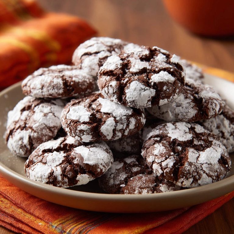 Classic chocolate crinkle cookies piled high and dusted with powdered sugar, showing their cracked texture.