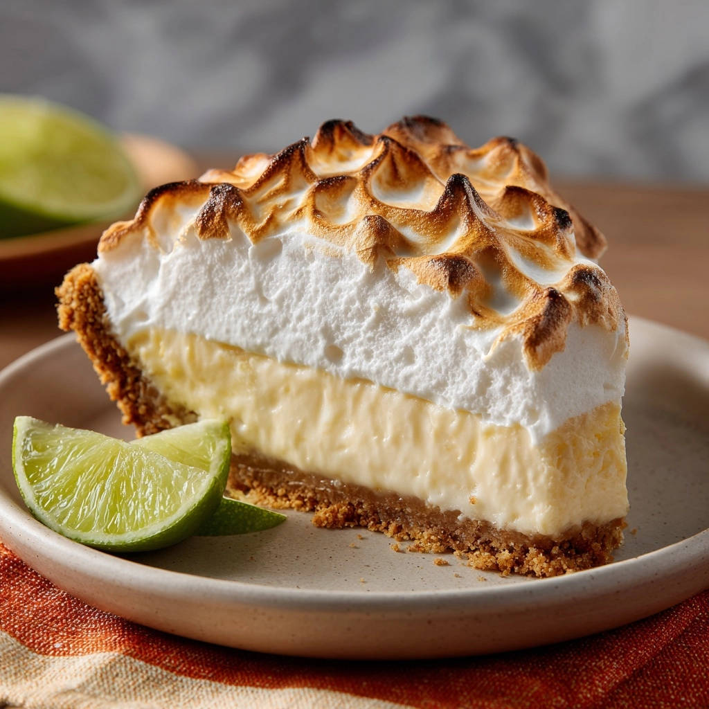 Classic Key Lime Meringue Pie shown as a cross-section slice on a plate with lime wedges.