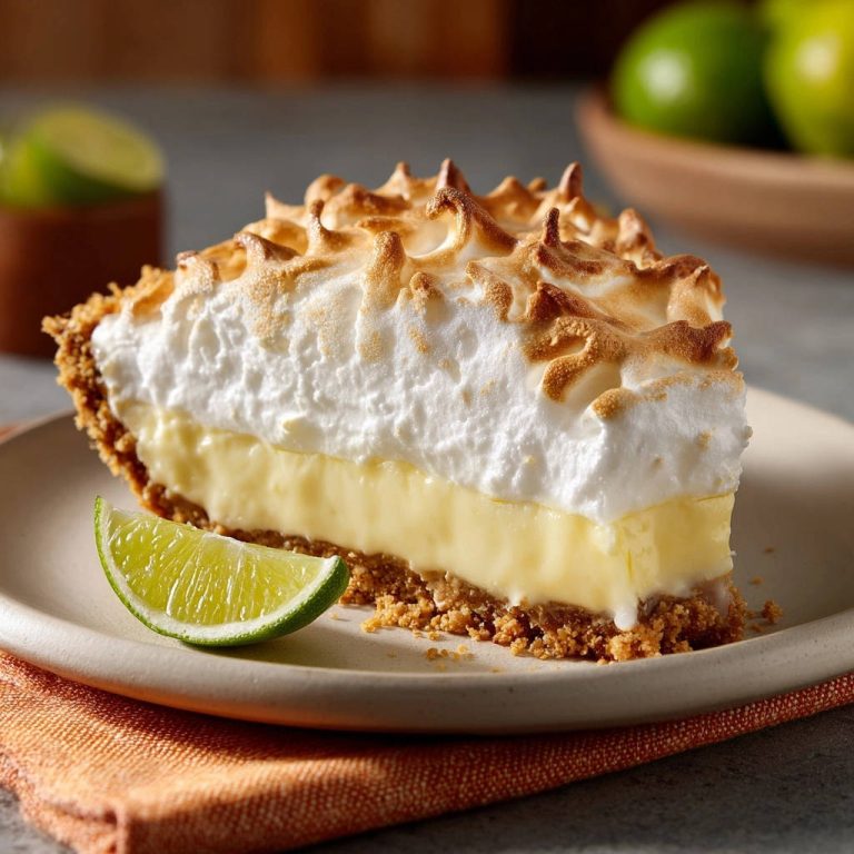 Classic Key Lime Meringue Pie slice showing a cross-section of the creamy filling and toasted meringue topping.
