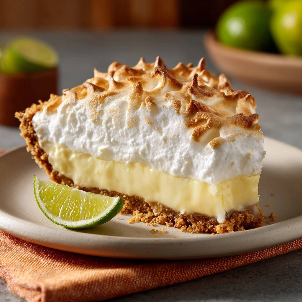 Classic Key Lime Meringue Pie slice showing a cross-section of the creamy filling and toasted meringue topping.