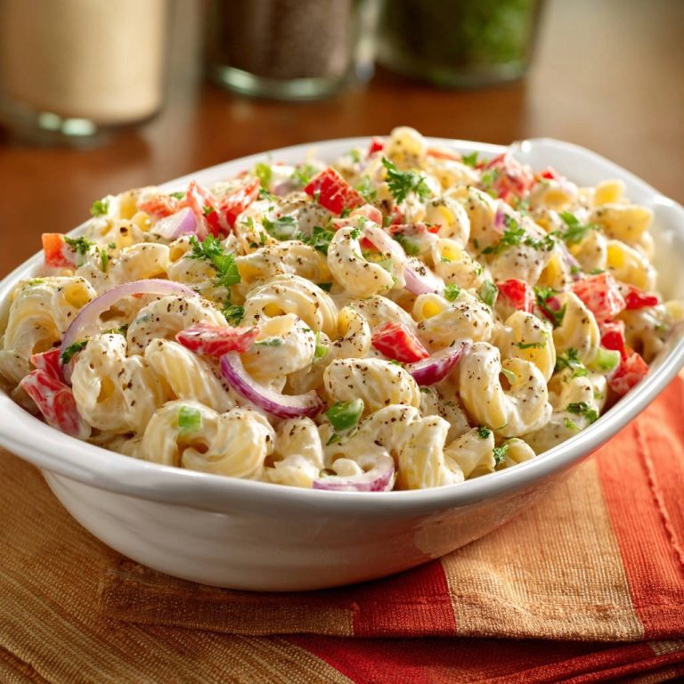 Classic macaroni salad served in a white bowl, showcasing the creamy dressing and colorful vegetables with a close-up view.