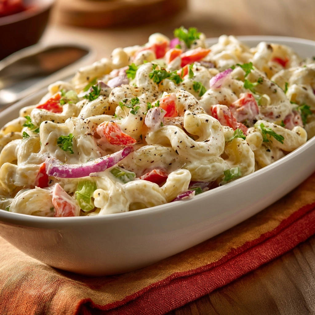 Classic macaroni salad featuring a creamy dressing mixed with chopped red onion, bell peppers, and celery, garnished with parsley.