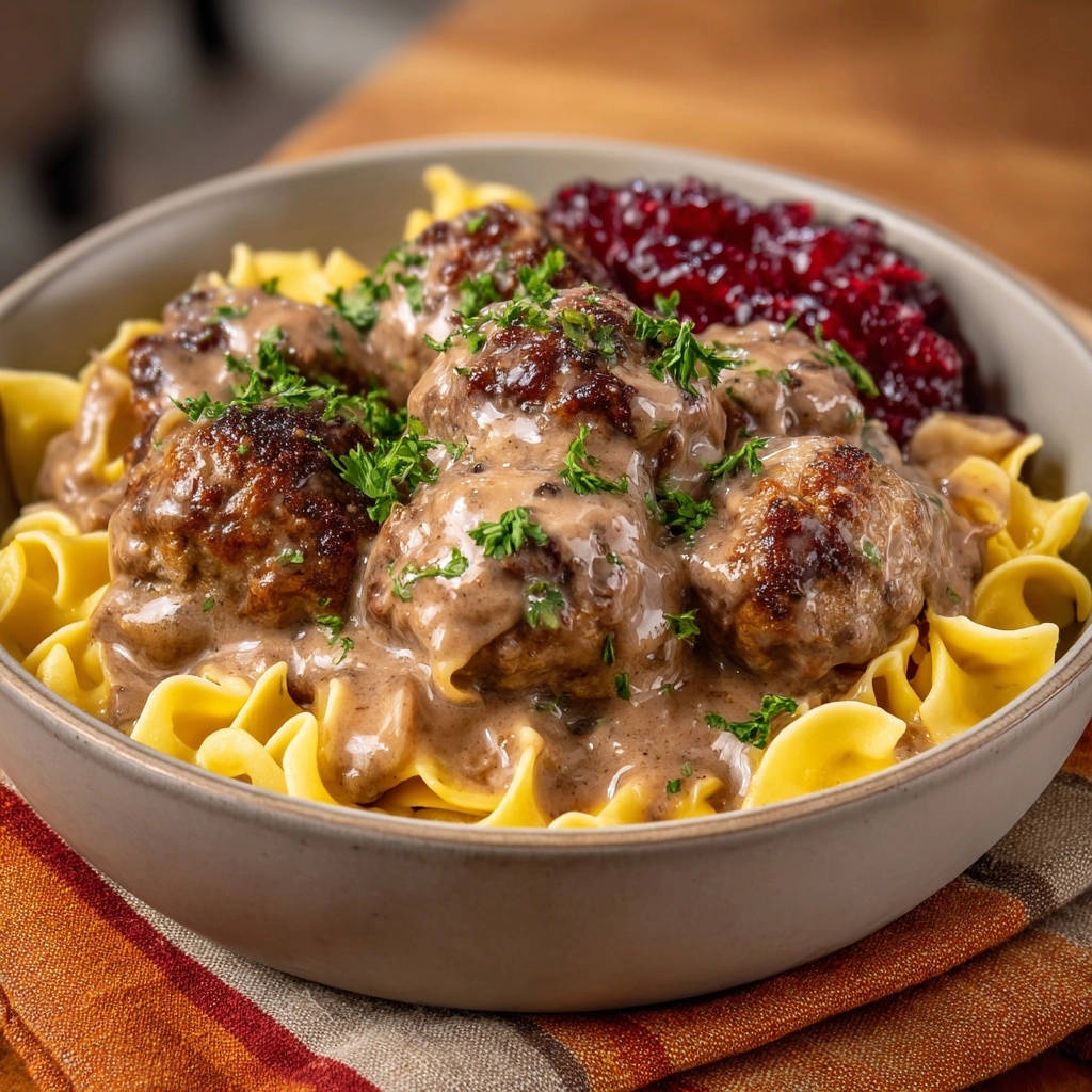 Classic Swedish meatballs in a creamy sauce served in a bowl with egg noodles and lingonberry jam.