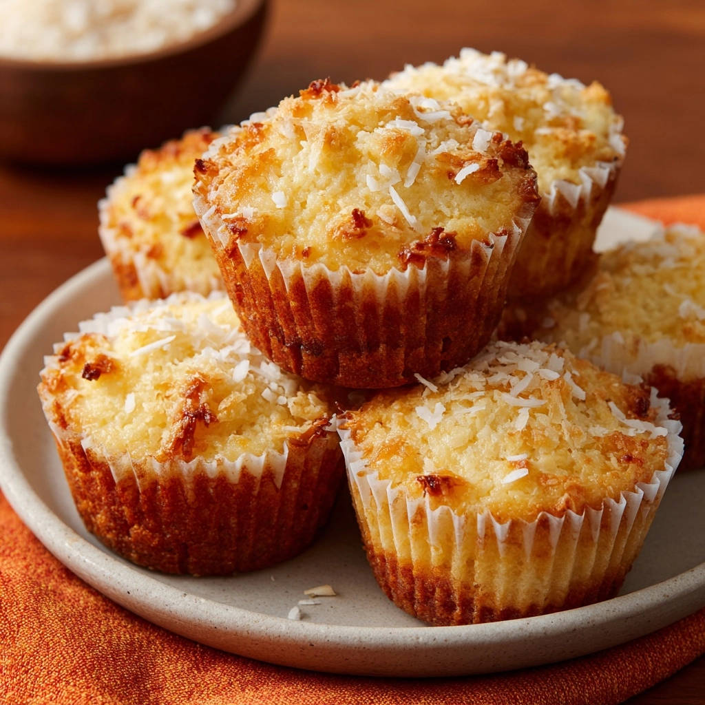Coconut Dream Muffins with a toasted coconut topping, presented on a plate.
