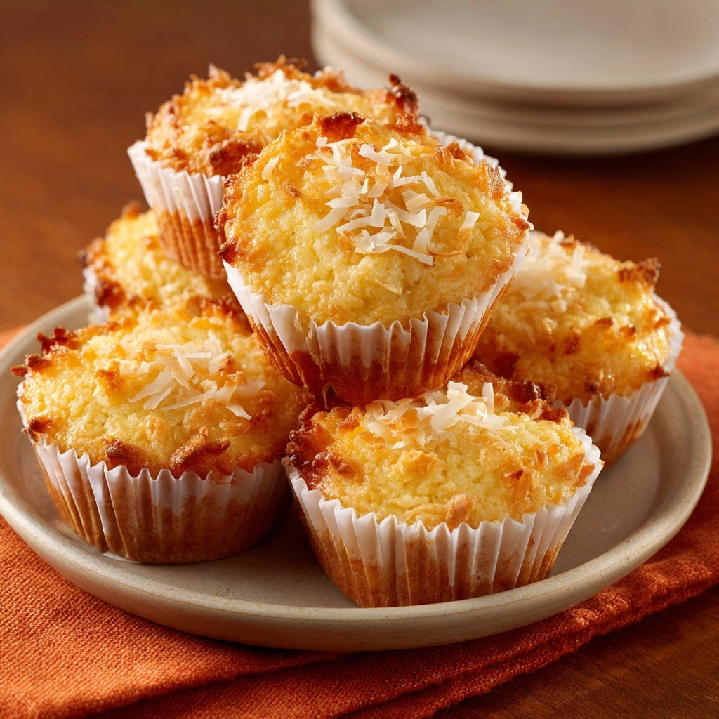 Coconut dream muffins stacked on a plate, topped with shredded coconut, showcasing their golden-brown, fluffy texture.