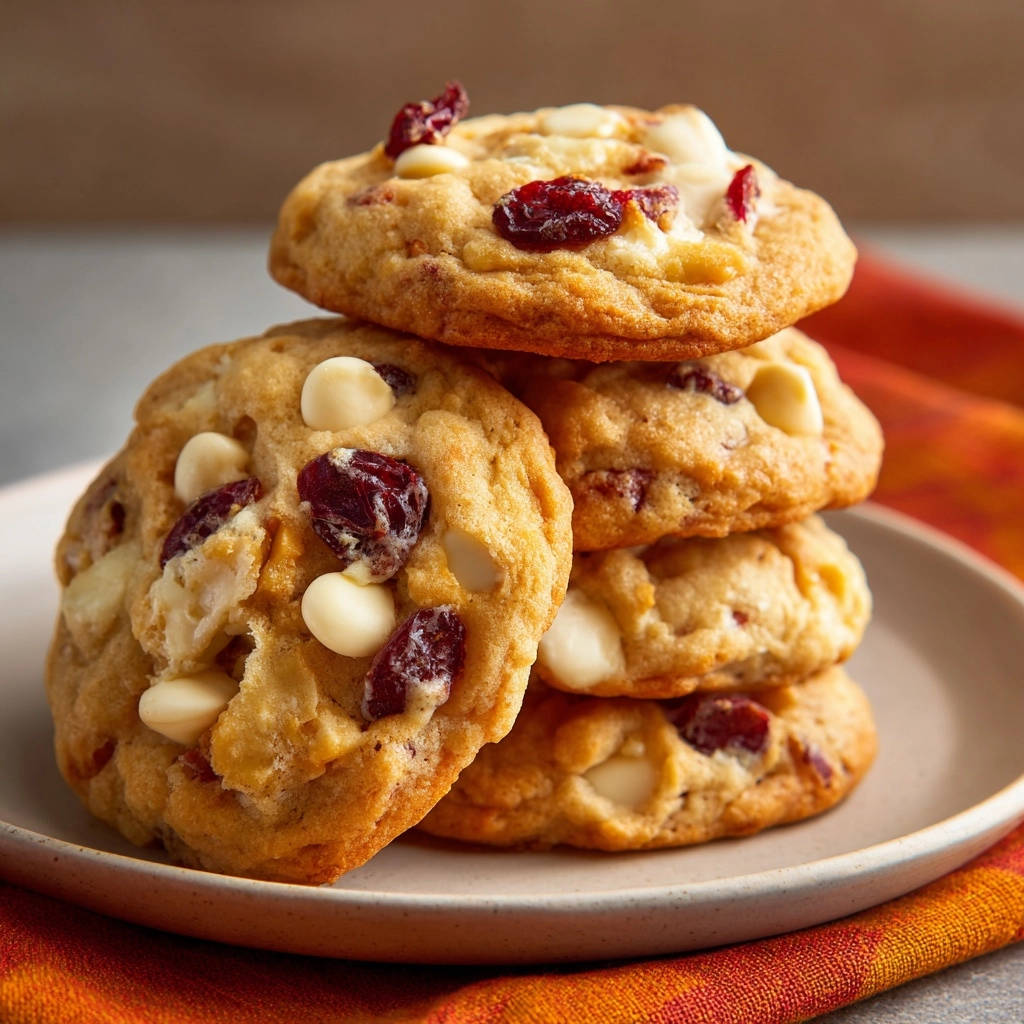 Cranberry white chocolate chip cookies are stacked on a plate, showcasing their thick and chewy texture with visible white chocolate chips and dried cranberries.
