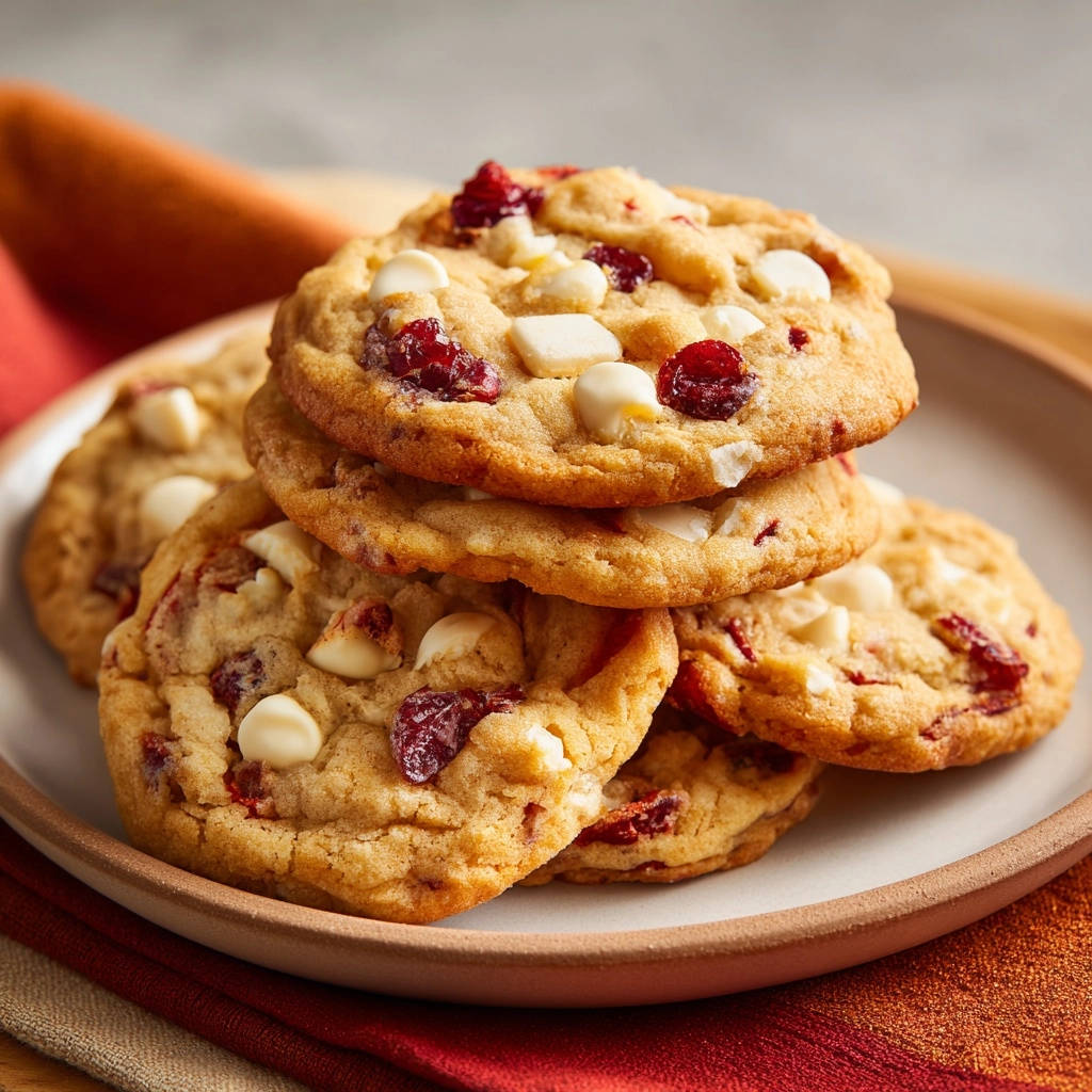 Cranberry white chocolate chip cookies stacked on a plate, showcasing their chewy texture and generous white chocolate chips.