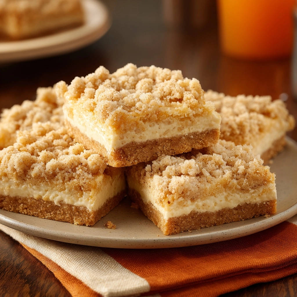 Cream cheese crumb bars are stacked on a plate, showcasing their layered texture and crumb topping.