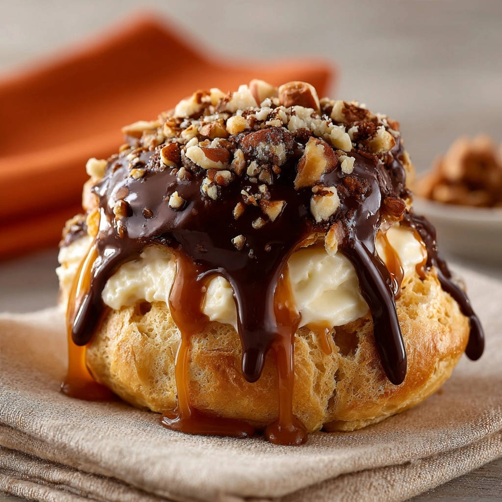 Cream puffs with chocolate caramel drizzle topped with chopped nuts, showcasing a rich glaze.