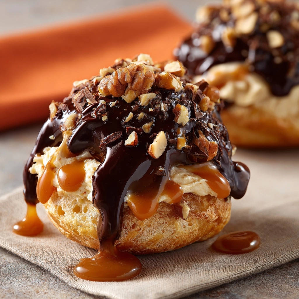 Cream puffs with chocolate caramel drizzle, topped with nuts and chocolate shavings, showing a close-up of the gooey topping.