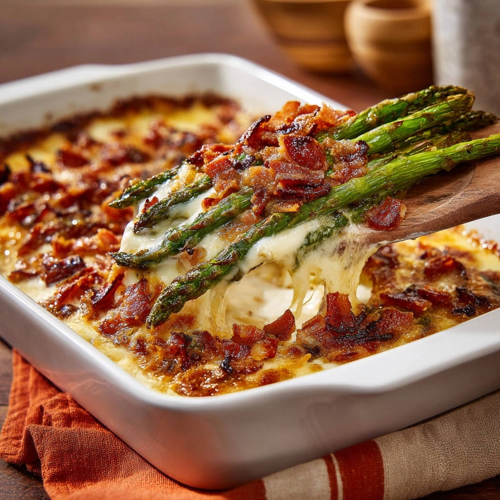 Creamy asparagus bake close-up showing a spoonful of tender asparagus and melted cheese with bacon topping.