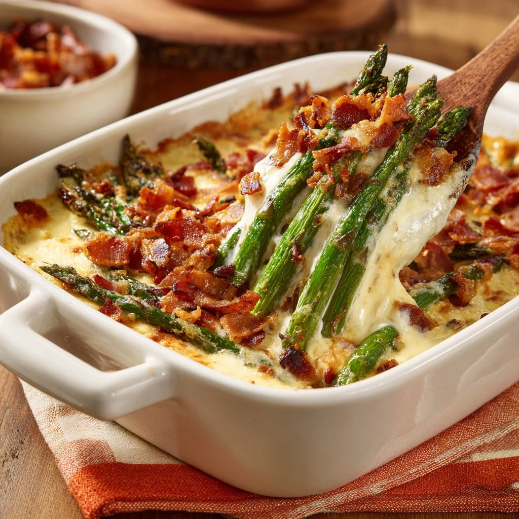 Creamy asparagus bake being served with a wooden spoon, showing melted cheese and bacon topping.