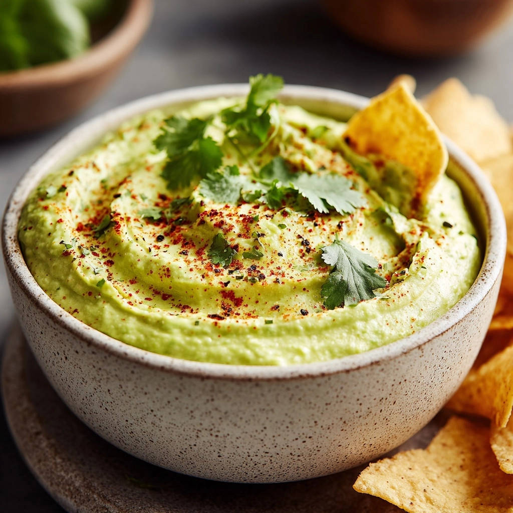 Creamy avocado dip close-up, garnished with cilantro and sprinkled with paprika and black pepper, with a tortilla chip.