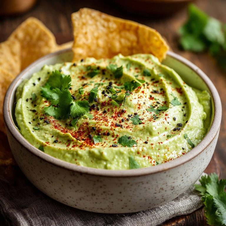 Creamy avocado dip in a bowl, garnished with cilantro, paprika, and black seeds, with tortilla chips.